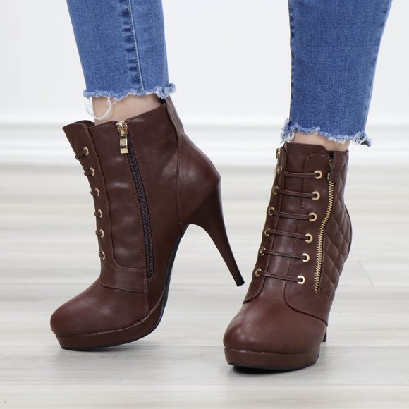 Brown Platform High Heel Ankle Boots - Picture 13 of 14